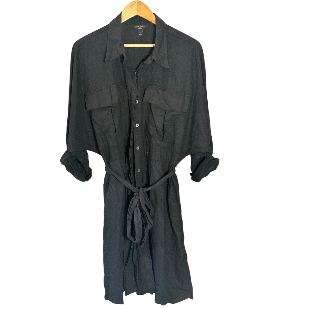 Banana Republic Factory Black Linen Blend Utility Shirt Dress Belted Midi Large